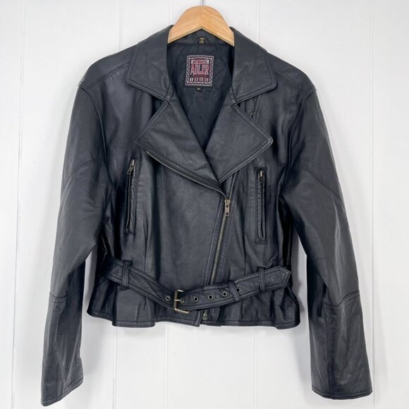 VTG Authentic Adler Leather Jacket Moto Biker Belted Womens Size Small Black - Picture 1 of 16